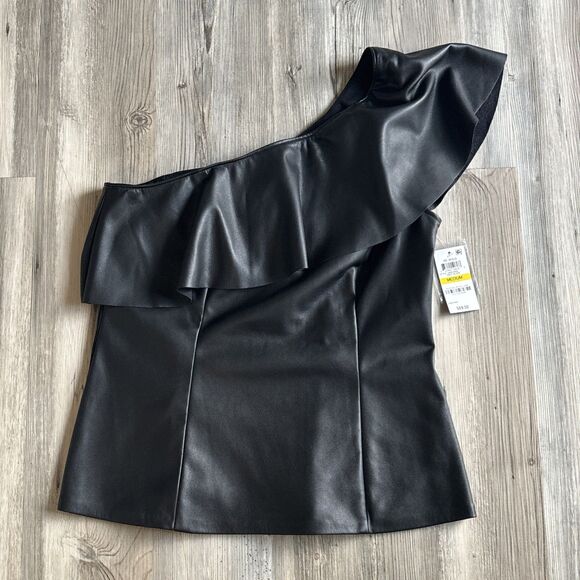 NWT  International Concepts INC Faux Leather One Shoulder Ruffle Top - Medium - Picture 1 of 10